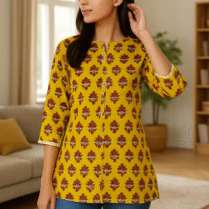 Mustard Leaf Print Cotton Kurti Top