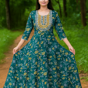 Dark Green Floral Printed Anarkali Kurta for Women