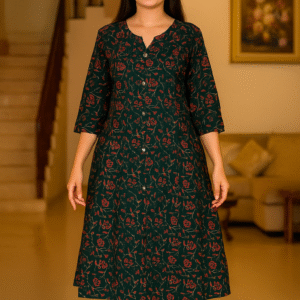 Dark Green Floral Printed Cotton Kurta Set