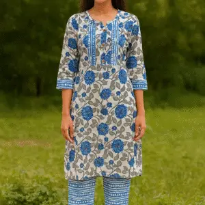 Floral Printed Cotton Kurta Set in Blue & White