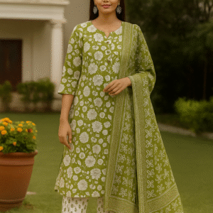 Green Blossom Cotton Kurta Set