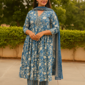 Blue Bloom Cotton Kurta Set