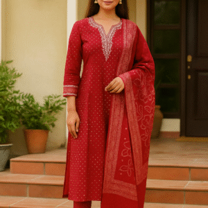 Elegant Red Embroidered Cotton Kurta Set with Dupatta