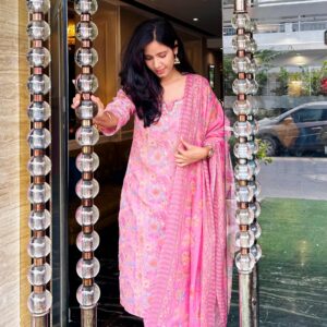 Pink Floral Printed Cotton Kurta Set with Dupatta for Women