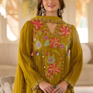 Zariya Mustard Mal Chanderi Embroidered 3-Piece Suit